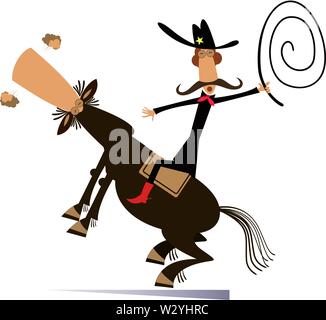 Cartoon rodeo illustration with cowboy holding a lasso and horse isolated on white Stock Vector