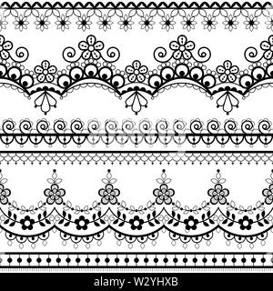 Retro wedding French or English lace seamless pattern set, black ornamental repetitive design with flowers - textile design Stock Vector