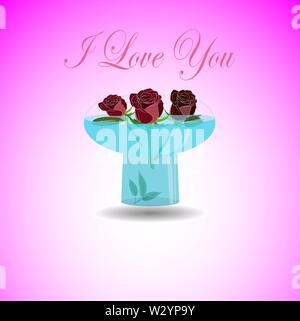 Vector greeting card I love You. illustration of 3 beatiful scarlet roses swim in nice transparent bowl with water. Poster for Celebrations and Holida Stock Vector