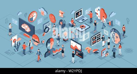 Artificial intelligence technology isometric 3d icons infographics with people, digital vector advert Stock Vector