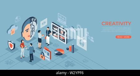 Artificial intelligence technology isometric 3d icons infographics with people, digital vector advert Stock Vector
