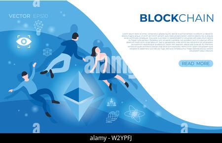 Cryptocurrency blockchain bitcoin technology icons infographics with flying people, digital vector advert Stock Vector