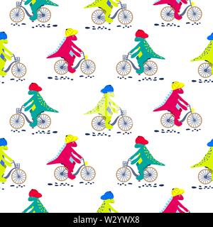 Cartoon dinosaur on bikes seamless pattern. Dino child characters riding bicycles vector on white background. Stock Vector