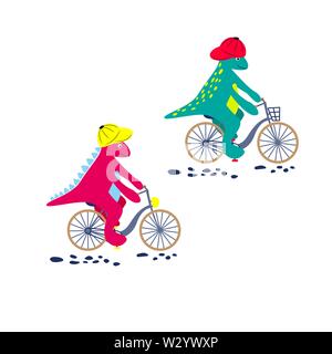 Cartoon dinosaur on bikes. Dino child characters riding bicycles vector on white background. Stock Vector