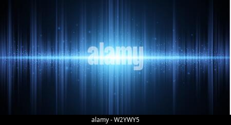 Abstract blue light effect on a dark background. Glowing equalizer. Background for the radio, club, party. Vibration of light. Bright flash of light w Stock Vector