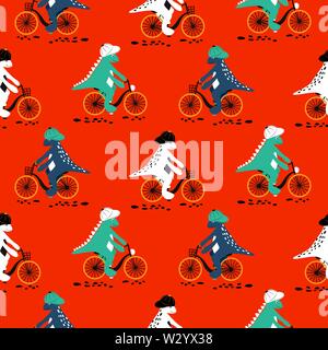 Cartoon dinosaur on bikes seamless pattern. Dino child characters riding bicycles vector on white background. Stock Vector