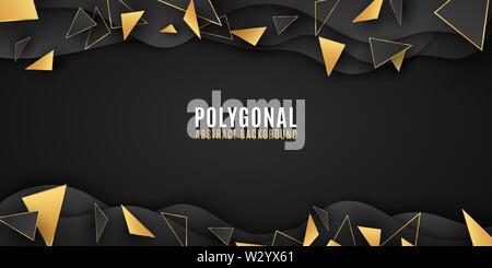 Geometric shapes. Abstract background. Stylish brochure for your design. Paper waves. Low poly style. Black and golden triangles. Liquid design. Polyg Stock Vector