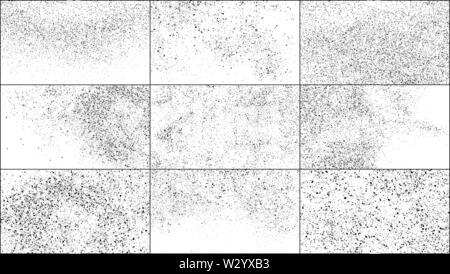 Set of Black Grainy Texture Isolated on White Background. Dust Overlay Textured. Dark Rough Noise Particles. Widescreen 16 : 9. Vector Design Elements Stock Vector