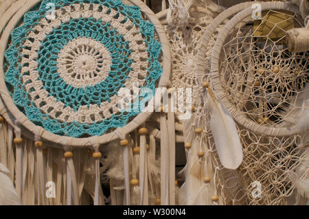 View of some beautiful Dreamcatcher hanging from a ceiling at the Love Anchor Market in Canggu, Bali - Indonesia Stock Photo