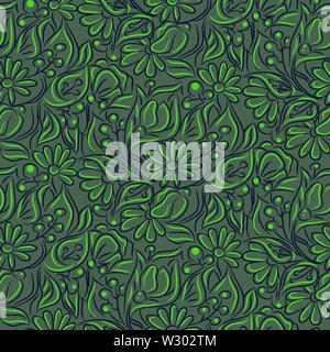 Hand drawn outline florals green gray colors seamless vector pattern. Stock Vector