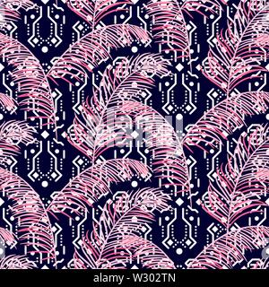 Palm leaves and geometric shapes pink blue colors seamless vector pattern. Stock Vector