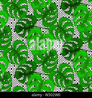 Palm leaves and geometric shapes pink blue colors seamless vector pattern. Stock Vector