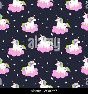 Cartoon unicorns on pink clouds seamless pattern. Fairytale pony child characters dark blue vector background. Stock Vector
