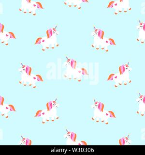 Cute unicorns sky blue seamless pattern. Fairytale pony child characters light vector background. Stock Vector