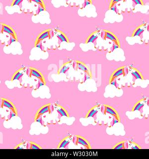 Cute unicorns and rainbows pink seamless pattern. Fairytale pony child characters light vector background. Stock Vector