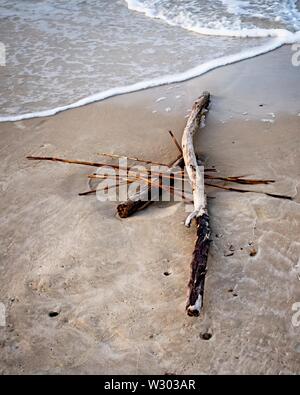Gulf Shores, AL USA - 05/08/2019  -  Driftwood on Sandy Beach Stock Photo