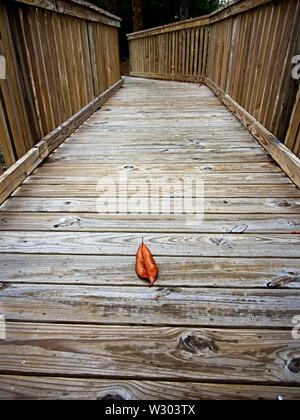 Gulf Shores, AL USA - 05/11/2019  -  Wooden Bridge Path with Dried Leaf Stock Photo
