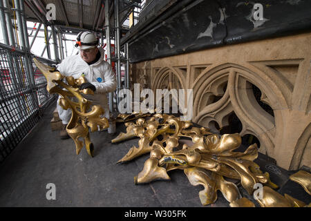 (190711) -- LONDON, July 11, 2019 (Xinhua) -- Photo taken on March 14, 2018 shows decorative roof parts being inspected in London, Britain. The 'Big Ben' bell turns 160 years since it began striking the hour on July 11, 1859. (Mark Duffy/UK Parliament handout via Xinhua) HOC MANDATORY CREDIT: UK Parliament/Mark Duffy Stock Photo