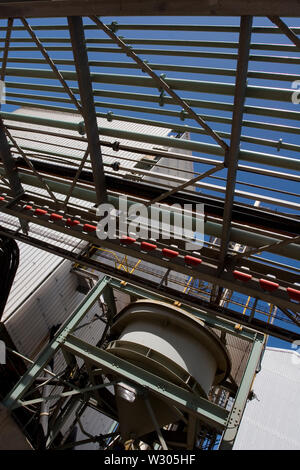 Mining, managing & transporting of titanium mineral sands. Abstract view up gantry to part of the construction of a new processing plant being built. Stock Photo