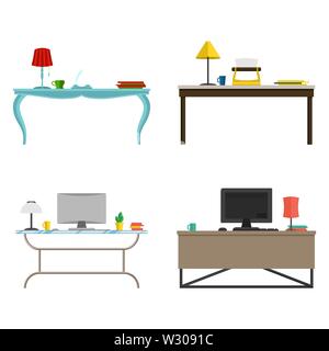 A set of furniture for the cabinet. desk workplace In different styles Vector flat illustration Stock Vector