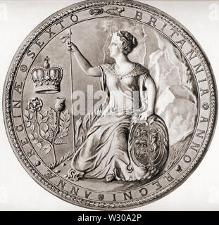Second Great Seal of Queen Anne, 1707, commemorating the union with Scotland.  Anne , Queen of Great Britain, 1665 – 1714.  Queen of England, Scotland and Ireland.  From a contemporary print, c.1935. Stock Photo
