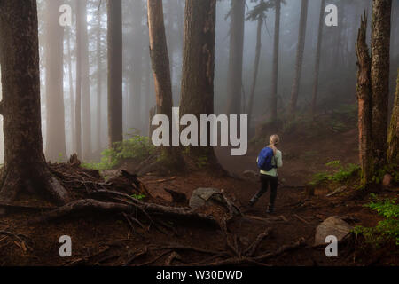 Adventurous girl hiking on a trail in the woods during a foggy and rainy day. Taken in Cypress Provincial Park, Vancouver, British Columbia, Canada. Stock Photo