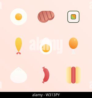 Set of Food, Fried egg, Steak, Sushi, Tempura, Egg, Fried chicken, Chinese bun, Sausage, Hot dog bun. Food Set in Flat Design Style Vector. Stock Vector