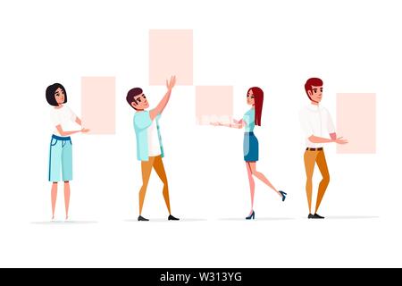 Group of people with upraised arms holding empty blank sign cartoon character design flat vector illustration isolated on white background. Stock Vector