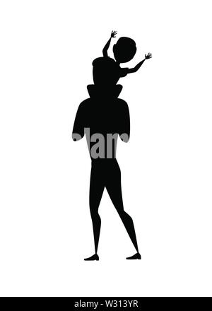 Black silhouette cheerful smiling father and son cartoon character design flat vector illustration isolated on white background. Stock Vector