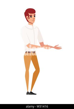 Happy man in casual clothes with up raised arms hands pointing cartoon character design flat vector illustration isolated on white background. Stock Vector