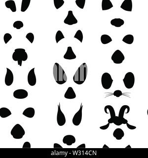 Seamless pattern black silhouette animal face elements set cartoon flat design ears and noses vector illustration isolated on white background. Stock Vector