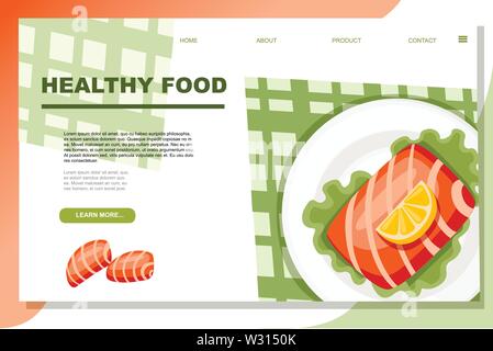 Raw salmon steak on plate with salad and piece of lemon healthy food advertising banner flat vector illustration. Stock Vector