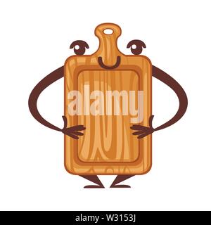 Wooden rectangular cutting board. Kitchen utensil mascot. Cartoon character design. Flat vector illustration isolated on white background. Stock Vector