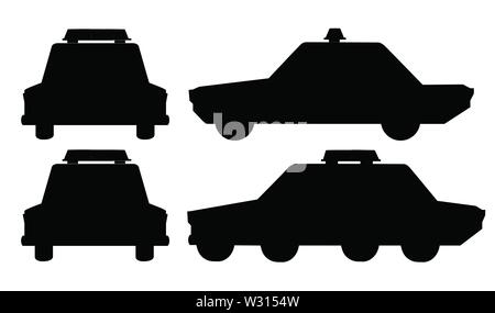 Black silhouette cartoon design police cars set flat vector illustration isolated on white background. Stock Vector