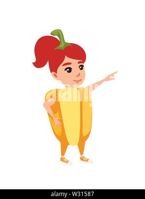 Girl kid wearing yellow bell pepper costume cartoon character design flat vector illustration isolated on white background. Stock Vector