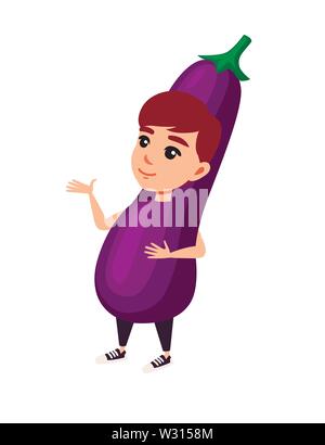 Girl kid wearing purple eggplant costume cartoon character design flat vector illustration isolated on white background. Stock Vector