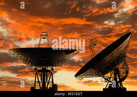 3D rendering of radio telescopes at sunset
