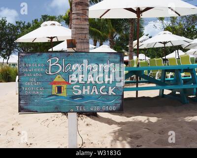 Blanchards Beach Shack wooden sign on the beach entrance to the shack. Meads Bay, Anguilla, BWI. Stock Photo