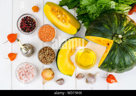 Lentils, pumpkins and spices, ingredients for cooking Stock Photo