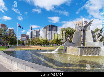 Victoria Square with the Three Rivers Fountain in the foreground, Central Business District (CBD), Adelaide, South Australia, Australia Stock Photo