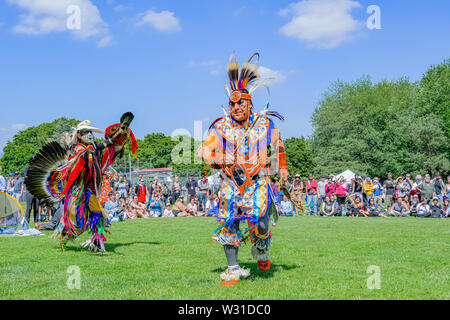 Pow wow dancers at National Indigenous Day Celebration, Trout Lake, Vancouver, British Columbia, Canada Stock Photo