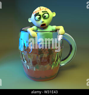 Hungover zombie monster climbing out of a giant pint of beer, 3d illustration render Stock Photo