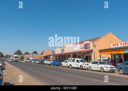 CAROLINA, SOUTH AFRICA - MAY 2, 2019: A street scene, with businesses, vehicles and people, in Carolina, in the Mpumalanga Province Stock Photo