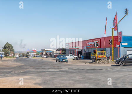 CAROLINA, SOUTH AFRICA - MAY 2, 2019: A street scene, with businesses, vehicles and people, in Carolina, in the Mpumalanga Province Stock Photo