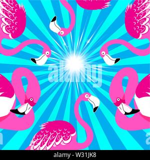 Lovely pink flamingo vector portraits on blue background Stock Vector