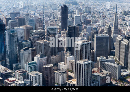 San Francisco, California, USA - September 19, 2016:  Aerial view of tall downtown office buildings and dense urban cityscape. Stock Photo
