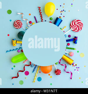 Colorful birthday party flat lay background with copyspace Stock Photo