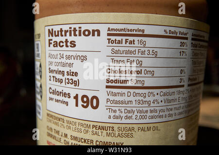 Peanut butter nutrition facts, ingredients and calories label on a jar ...