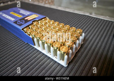full box of 9mm luger fulll metal jacket pistol ammunition at a gun range USA United States of America Stock Photo