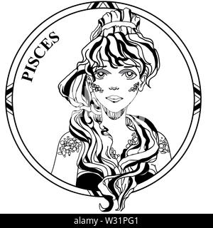 Vector illustration of sign zodiac Pisces. Beautiful girl with long hair tail in round frame. Line art. Illustration for coloring. Stock Photo